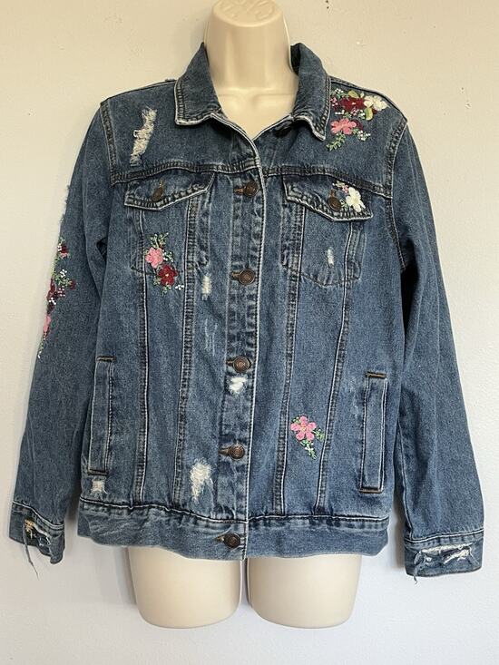 Wax Jean Jackets & Blazers - Wax Jean Floral Embroidered Distressed Denim Jacket Cowgirl Western Prairie Sz S